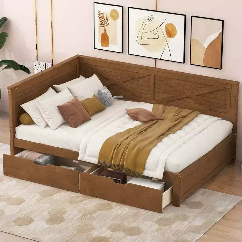 Twin Size Daybed with Trundle/2 Drawers and Rustic Guardrail, Grey/Brown-ModernLuxe