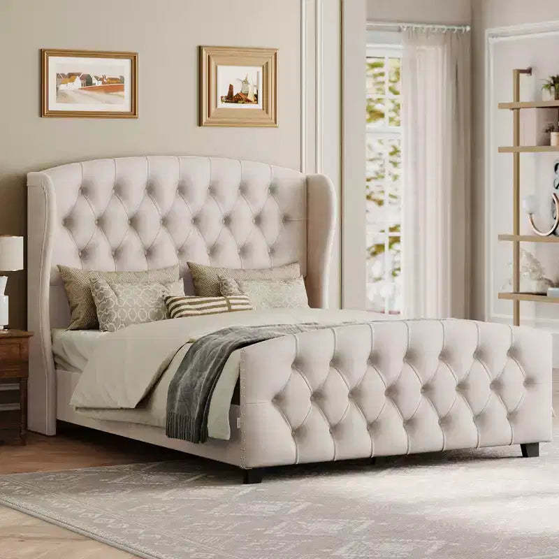 VASAGLE Queen Bed Frame with Tall Headboard, Upholstered Platform Bed Frame Queen Size, with Wingback Tufted Headboard Cappuccino Beige