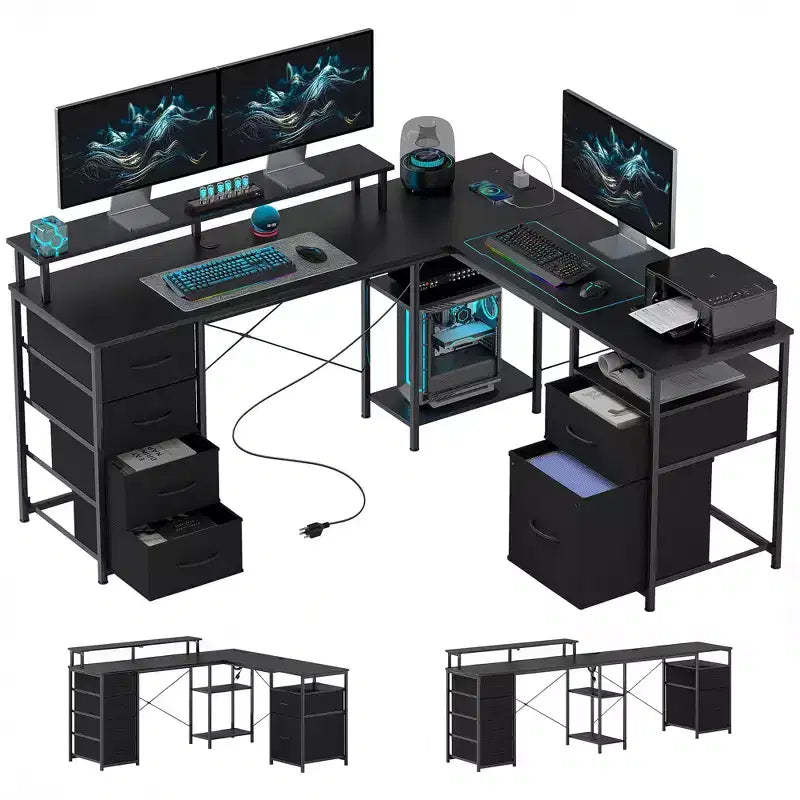 HOMCOM 66 Reversible L Shaped Desk with File Drawer, 105 Two Person Desk with Power Outlet and LED Light, Monitor Shelf and CPU Stand