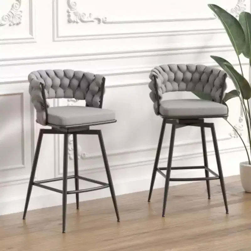 Back and Footrest Included, 2 Linen Woven Swivel Bar Stools Set, Non-Adjustable Kitchen Chairs