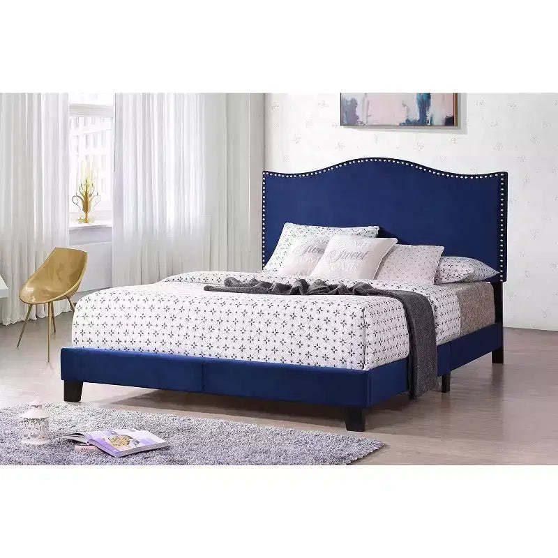 Kings Brand Furniture Clarno Blue Velvet Nailhead Trim Upholstered Bed