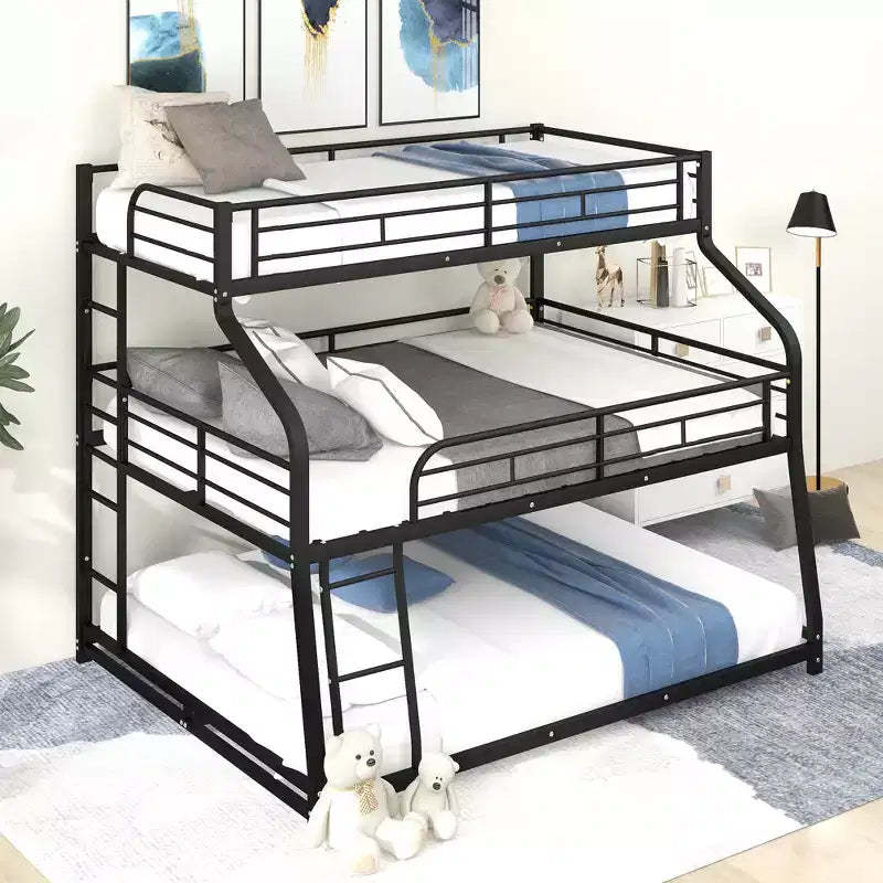 Triple Bunk Bed with Twin XL, Full XL, and Queen Sizes, Metal Bunk Bed Frame with Ladder and Full-Length Guardrails -HABITRIO