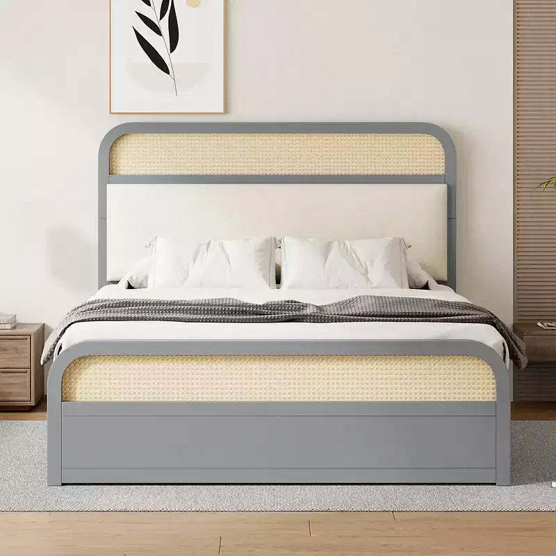 Whisen Queen Size Wooden Platform Bed with Trundle and 2 Drawers