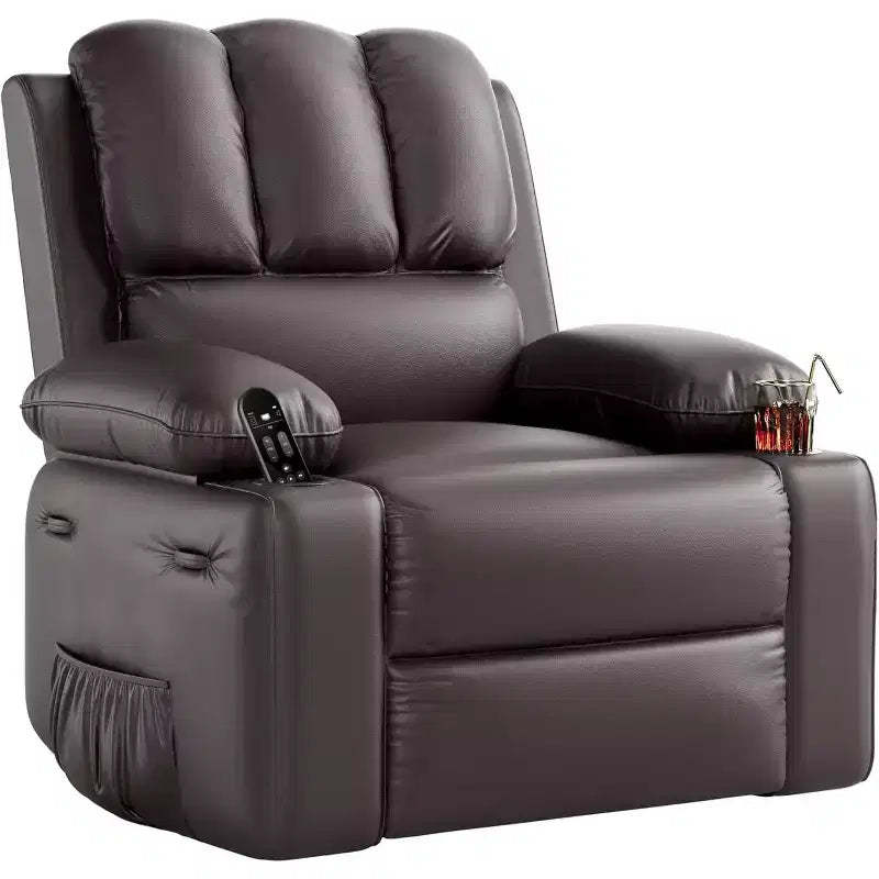 22 rocker swivel recliner with 1.5X sponge filling, side pocket, and cup holder; vintage leather, ideal for living rooms, bedrooms, and nurseries.