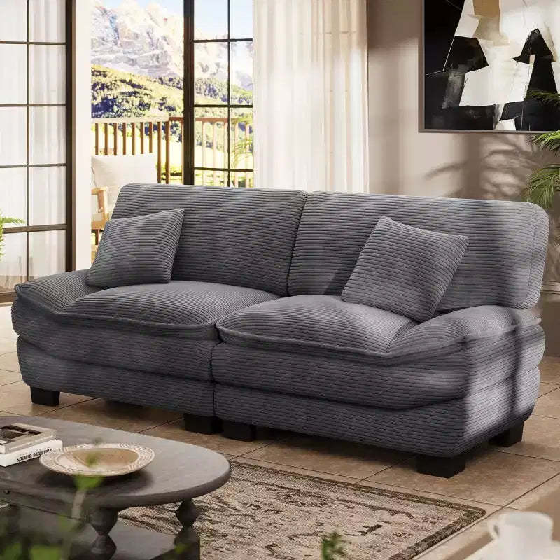 Grey 87 Corduroy Couch with 2 Pillows, Sailboat-Shape Deep Seat Sofa for Living Room, Small Space, Office, Apartment-Morden Fort
