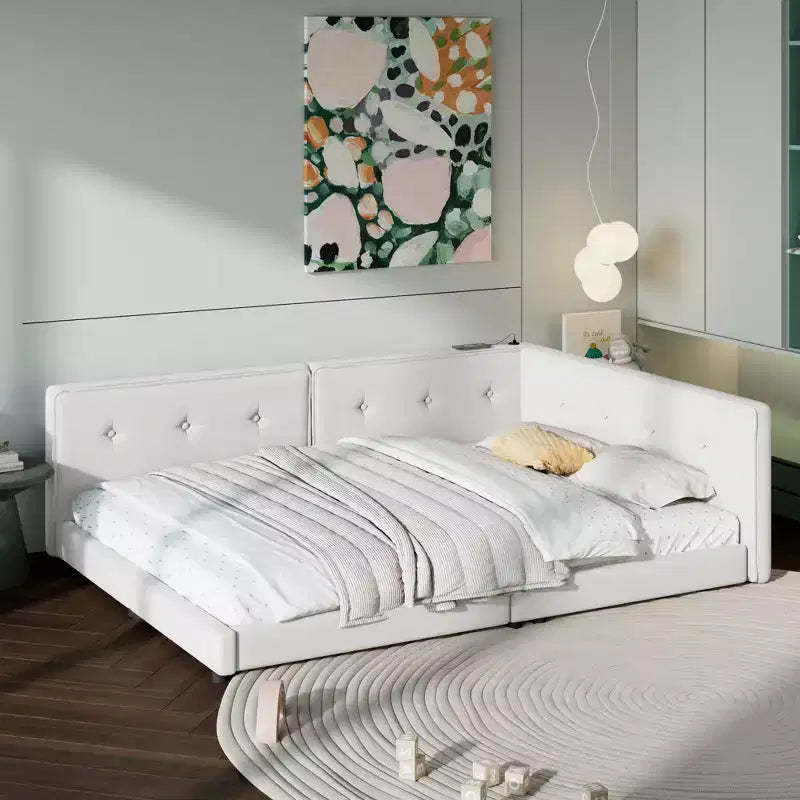 Queen/Full Size Platform Bed Frame, Upholstered Floor Bed Daybed with USB Ports -ModernLuxe