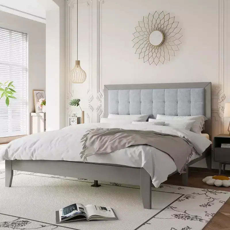 King/California King/Queen Size Platform Bed with Upholstered Headboard and Solid Wood Frame, Gray-Christopher Knight Home