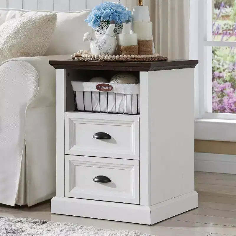 SinCiDo Nightstand with Charging Station & 2 Drawer, Farmhouse End Table for Bedroom, Living Room