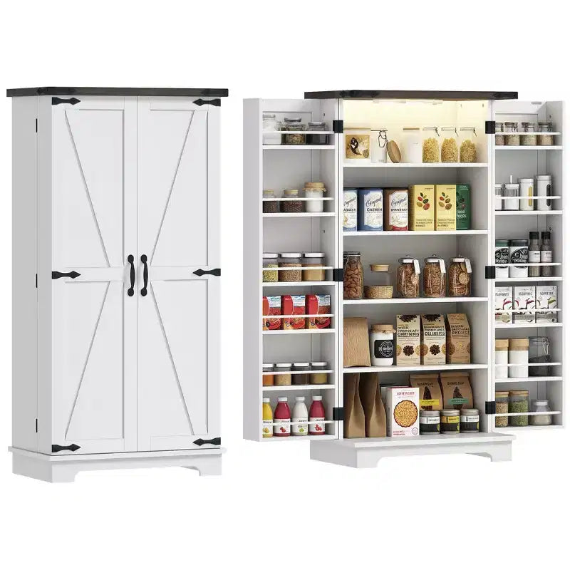 HOMCOM 47 Kitchen Pantry Cabinet with Sensing LED Light, Farmhouse Storage Cabinet with Doors, 2 Adjustable Shelves and 12 Door Shelves, White