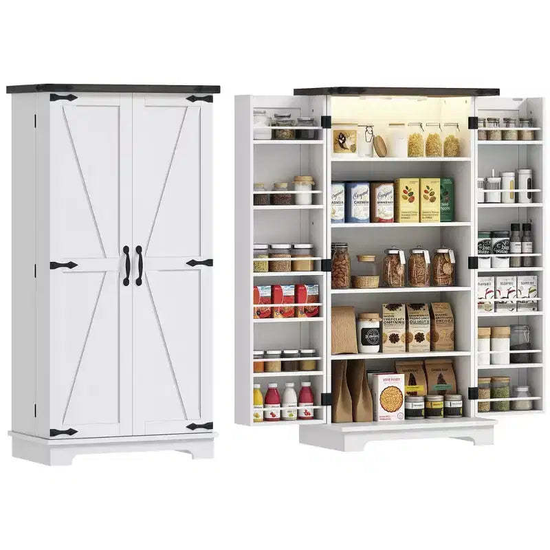 HOMCOM 47 Kitchen Pantry Cabinet with Sensing LED Light, Farmhouse Storage Cabinet with Doors, 2 Adjustable Shelves and 12 Door Shelves, White