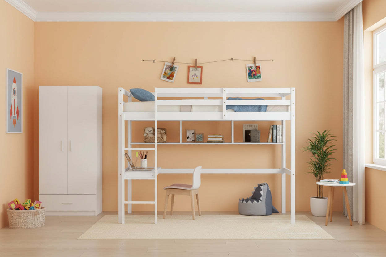 Durable Double-Level Loft Bed with Integrated Desk and Storage Shelf
