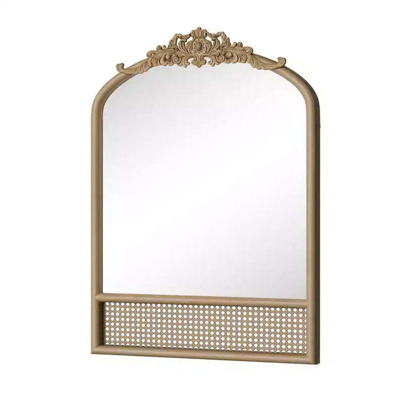 Hand-Carved Solid Wood Rattan Weave Right-Angle Slightly Arched Brown Wall Mirror