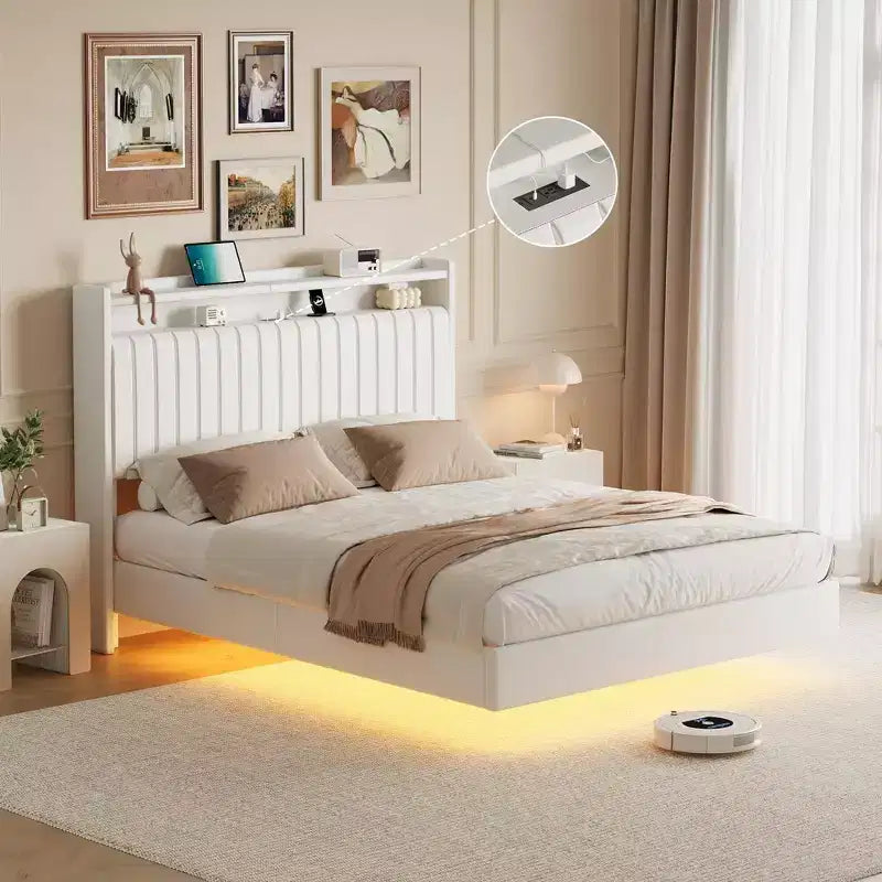 Floating Bed Frame with RGB LED Lights & Charging Station, Upholstered Platform Bed Frame with Storage Headboard