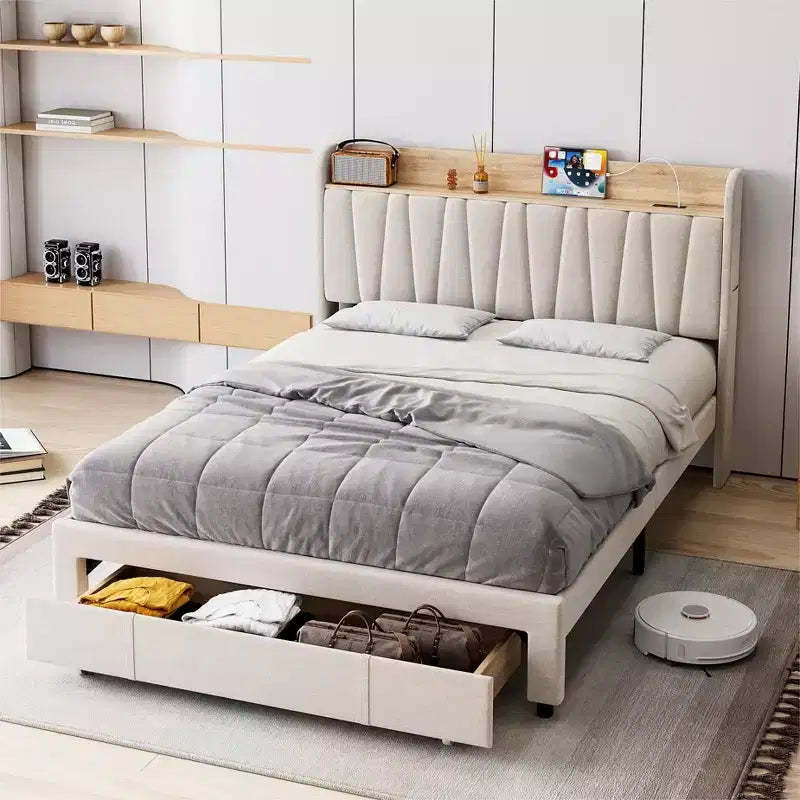 Upholstered Bed Frame with Storage Headboard and Charging Station, Platform Bed Frame with Drawers