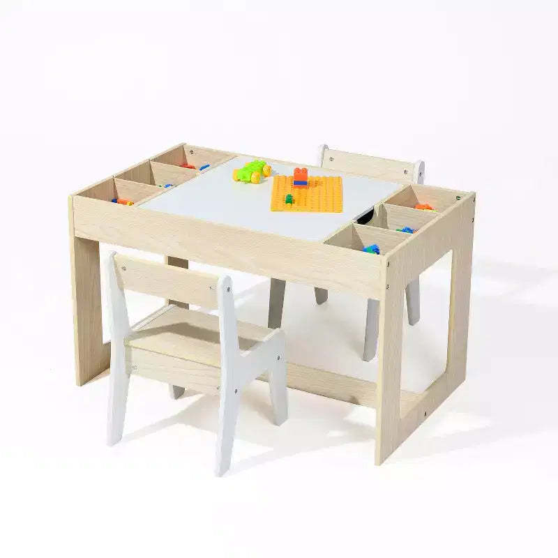 LuxenHome Drawing and Activity Board Children Table with 2 Chairs Set Brown