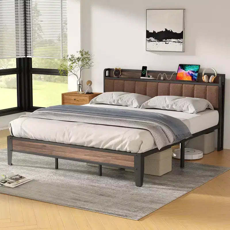Lusimo Bed Frame California King Upholstered Platform Bed with Storage Headboard and Charging Station