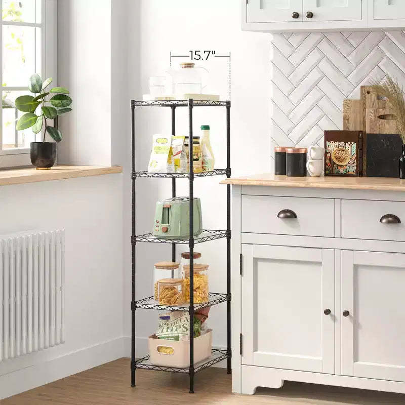 5-Tier Storage Shelves, Kitchen Metal Wire Shelving Unit, Storage Rack, Adjustable Shelves, with 8 Hooks, for Garage, Kitchen