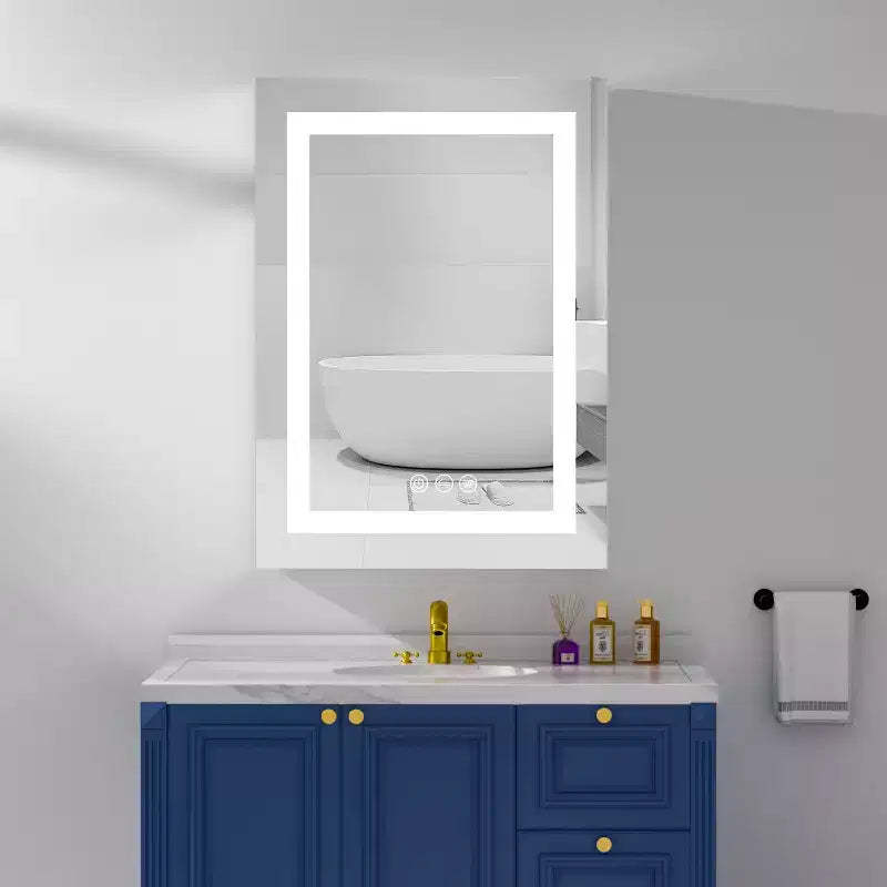 HBEZON Medicine Cabinet with Mirrors and Lights, Wall Mount Lighted Bathroom Cabinet, Defogger, Dimmable, Aluminum, Silver