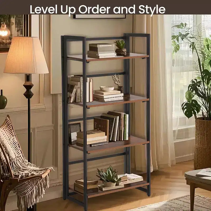 Industrial Bookshelf, Folding Bookcase, 4-Tier Ladder Shelf, Wood Look Accent Furniture with Metal Frame, for Home Office
