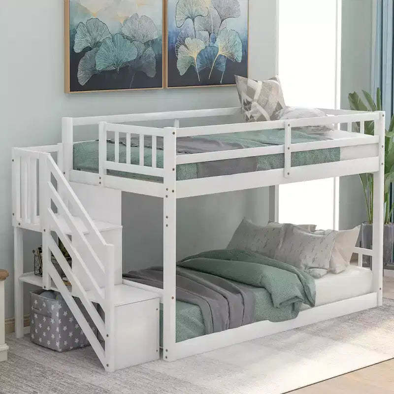 Whisen Wood Twin over Twin Floor Bunk Bed with Storage Ladder