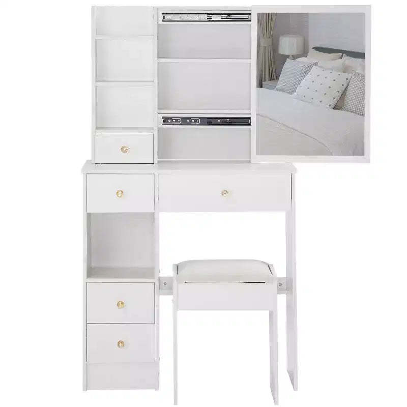 Small Size Left Drawer Desktop Dressing Dressing Table + Cushioned Stool, Extra Large Sliding Mirror