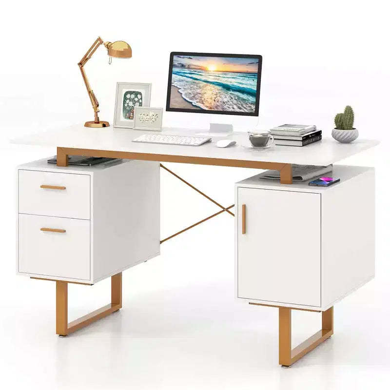 Costway 51 Home Office Desk with Floating Desktop Dual Drawers Cabinet & Metal Frame