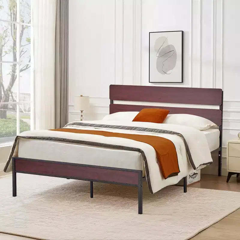 VECELO Queen/King Size Bed Frame with Wooden Headboard, Metal Bed Platform No Box Spring Needed with Heavy Duty Steel Slat, Brown