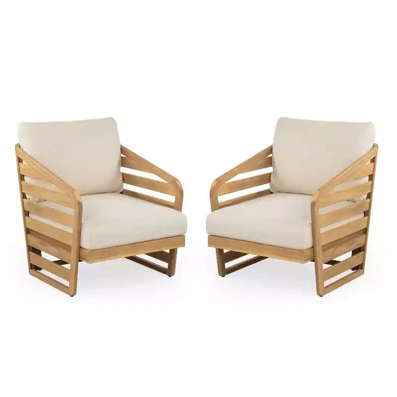 Christopher Knight Home Venteb Patio Slat Design Acacia Wood Upholstered Club Chair, Teak/Beige, Set of 4