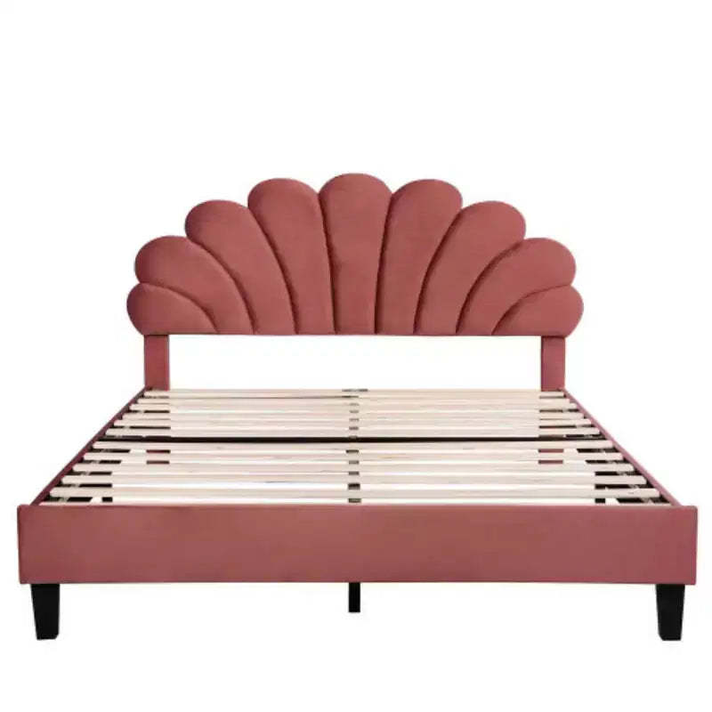 Bean Paste Red Queen-Sized Upholstered Platform Bed with Floral Velvet Headboard