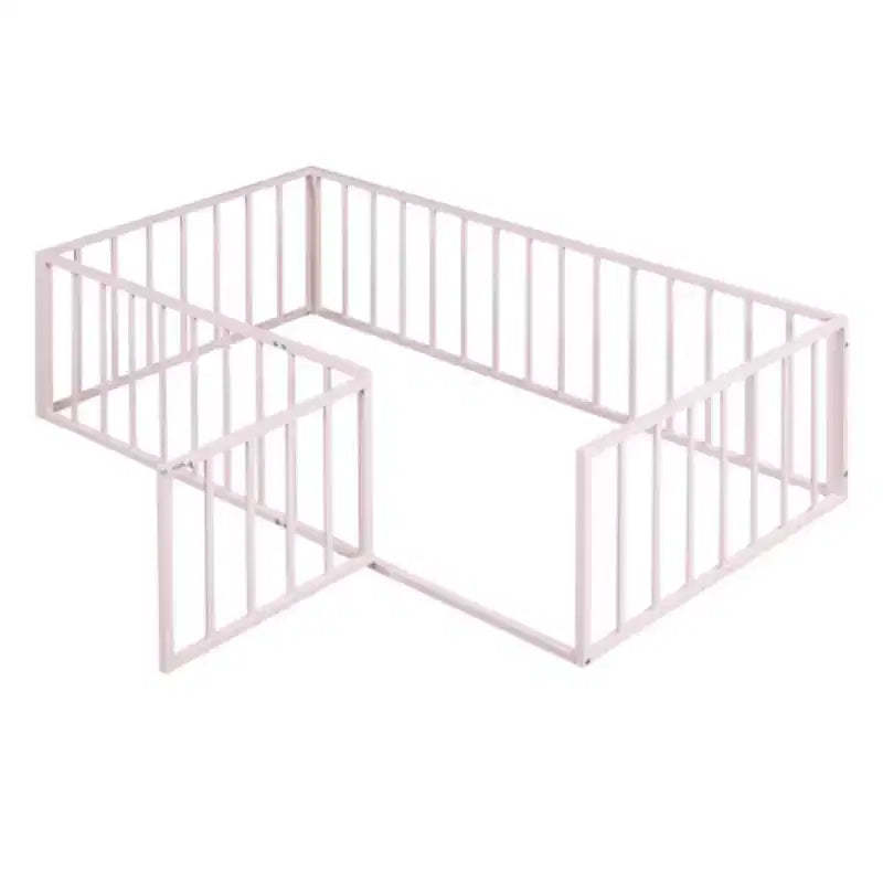 Pink Twin Size Metal Bed Frame with Fence and Door Design