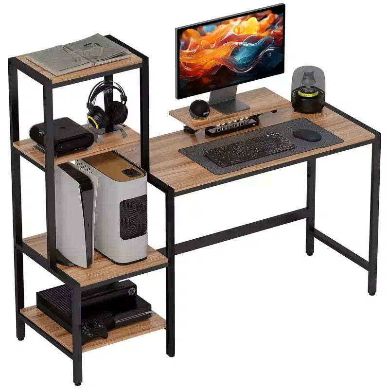 HOMCOM Computer Desk with Monitor Stand, 4-Tier Reversible Home Office Desk with Printer Shelf or CPU Stand, Industrial Writing Desk, Brown