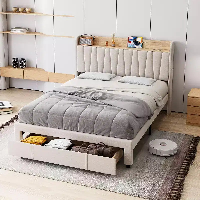 Whizmax Bed Frame with 2 Storage Drawers, Upholstered Platform Bed Frame with Storage Headboard, Mattress Foundation with Solid Wooden Slats Support