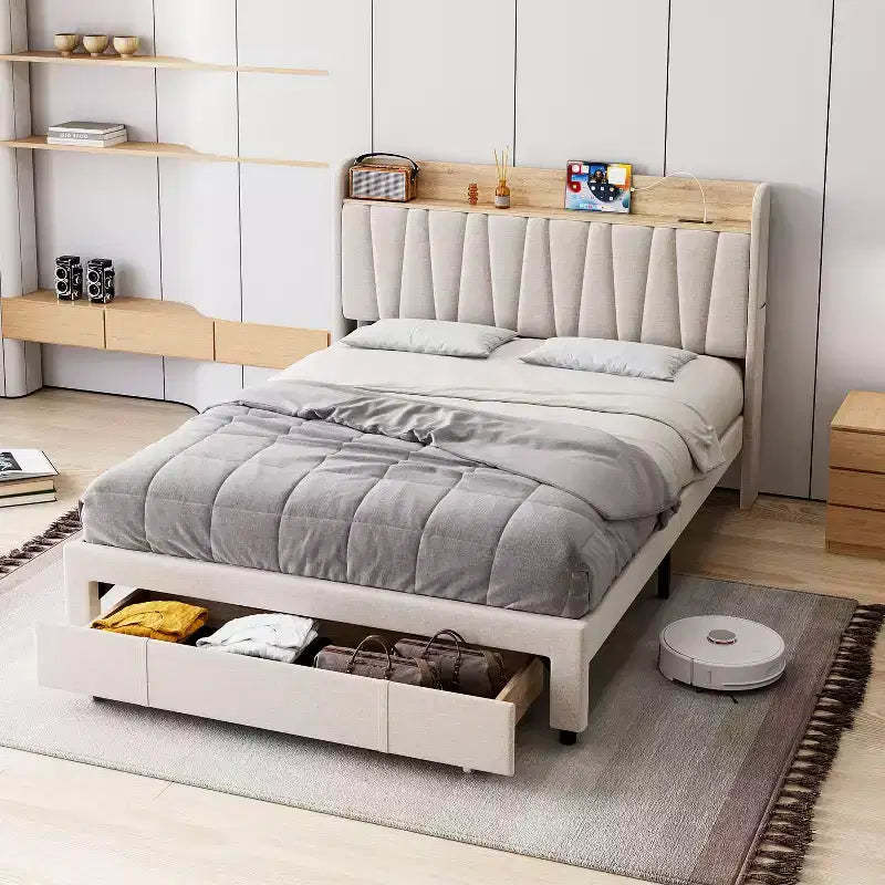 Whizmax Bed Frame with 2 Storage Drawers, Upholstered Platform Bed Frame with Storage Headboard, Mattress Foundation with Solid Wooden Slats Support