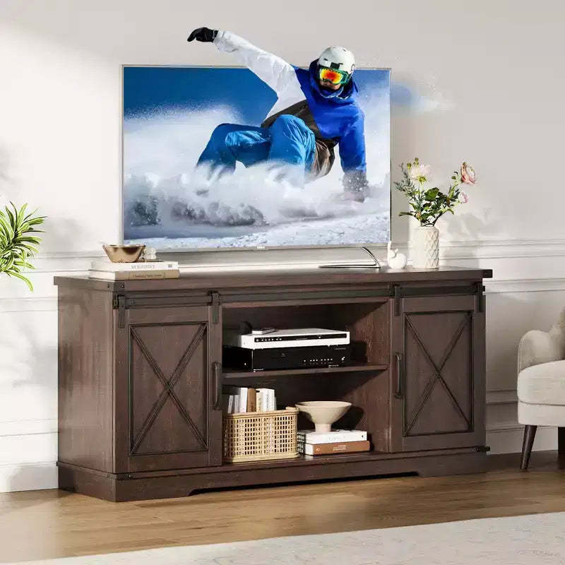Farmhouse Tv Stand for 65 Inch TV, Entertainment Center with Sliding Barn Doors and Adjustable Shelf, Storage Cabinet for Living Room, Bedroom