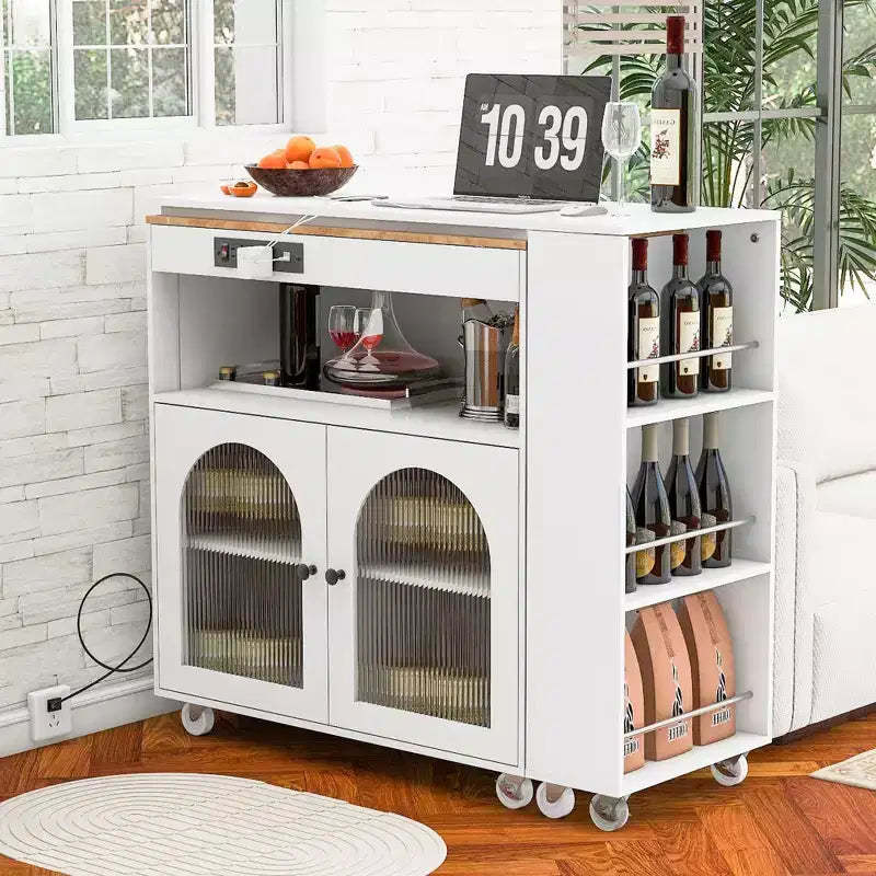 Rolling Kitchen Island with Extended Table, LED Lights, Power Outlets, Glass Doors, Storage, and Open Shelves