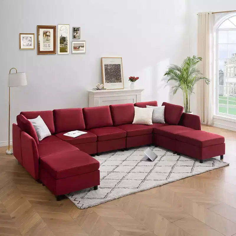 Whizmax 9-Seaters Reversible Velvet Modular Sectional Sleeper Sofa with Ottomans, Storage and Chaise - Wine Red