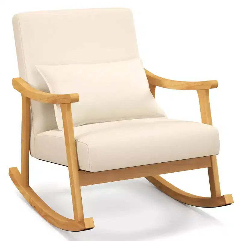 Costway 1/2 PCS Upholstered Rocking Chair with Pillow Rocking Armchair with Rubber Wood Frame Beige