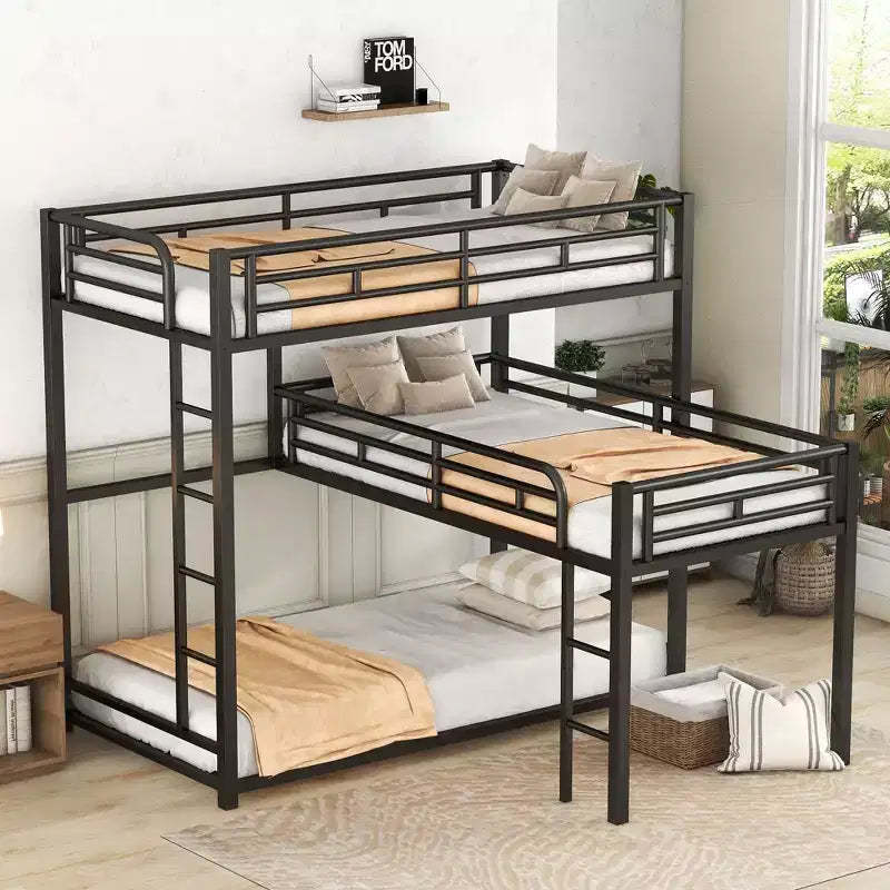 Whisen L-shaped Metal Triple Twin Size Bunk Bed with 2 Ladders- Black