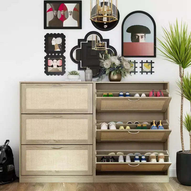 Famapy Yellow Stylish Flip-up Shoe Rack with Rattan - style Design: Space - saving and Adjustable