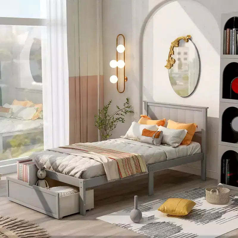 Whisen Wood Twin Size Platform Bed with Under-bed Drawer