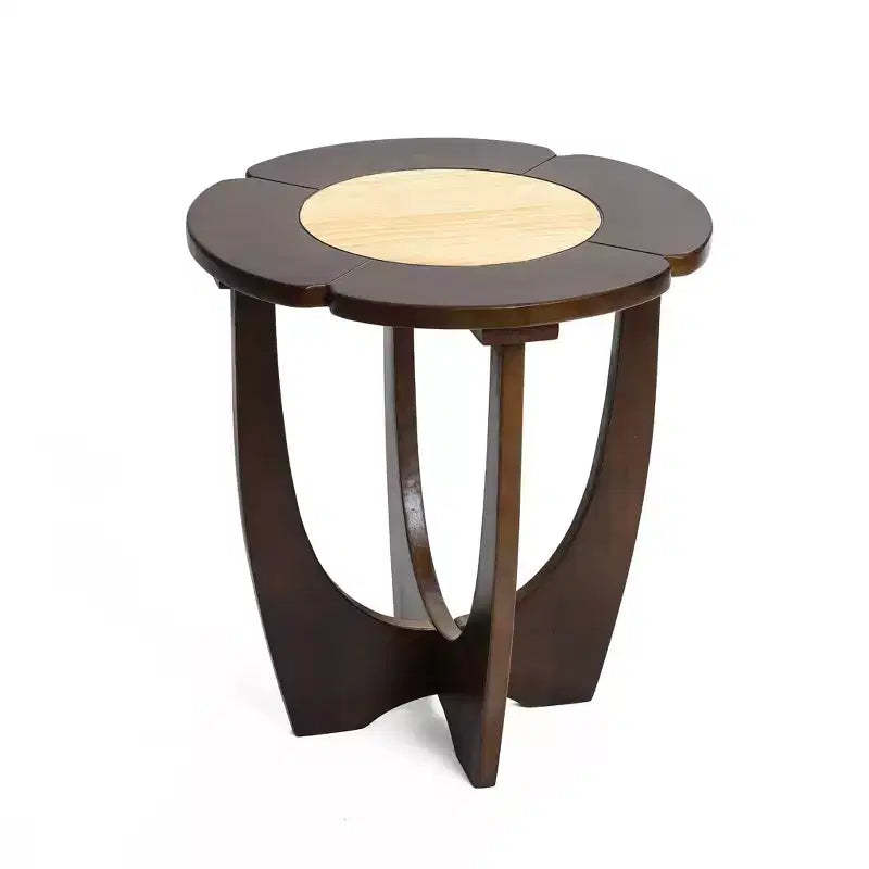 LuxenHome Mid-Century Modern Round Side Table, Color Block Dark Pine Wood Accent End Table with Crisscross Legs for Bedroom, Living Room Brown