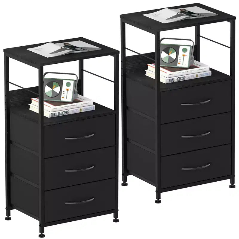 Oumilen Nightstand for Bedroom End Side Table with 3 Drawers and Open Shelf Wood, Black Set of 2