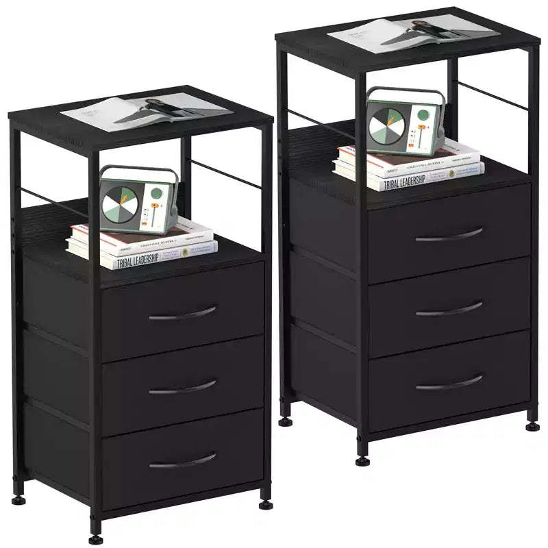 Oumilen Nightstand for Bedroom End Side Table with 3 Drawers and Open Shelf Wood, Black Set of 2