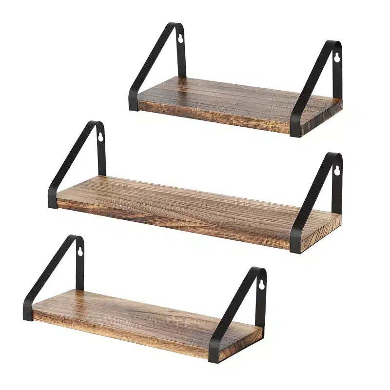 Oumilen Wood Floating Wall Shelves with Metal Brackets, Set Of 3