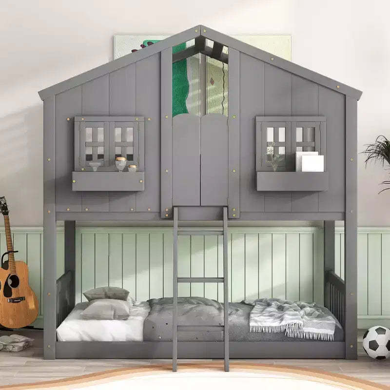 JVNOXK 81-inch canopy bed with windows, window sill planters, doors, safety rails, and ladder, low-profile design with full-length guardrails, gray