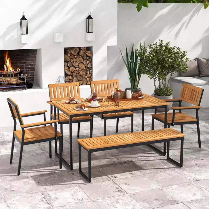 Costway 6 PCS Outdoor Acacia Wood Dining Set with Bench 2 Umbrella Hole for 6-7 People