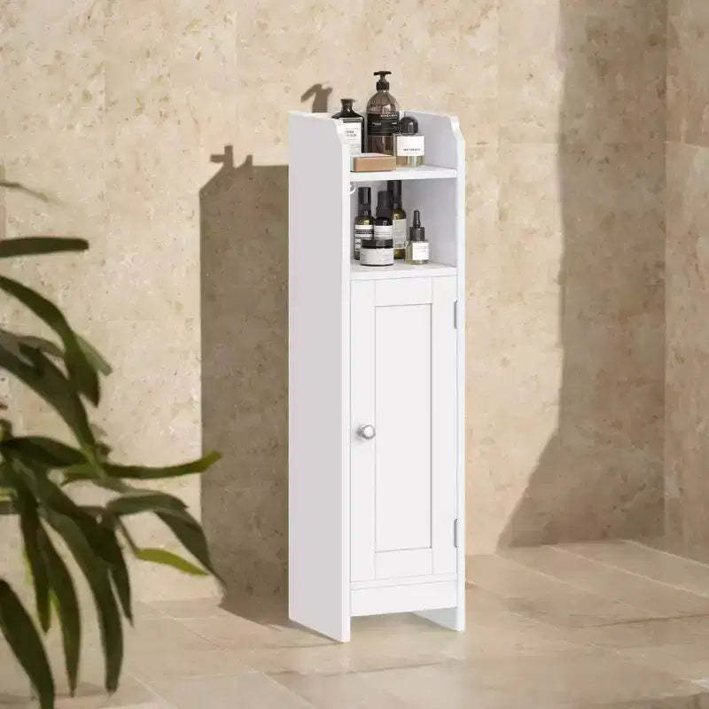 Small Floor Cabinet with Adjustable Shelves - White Narrow Storage Organizer