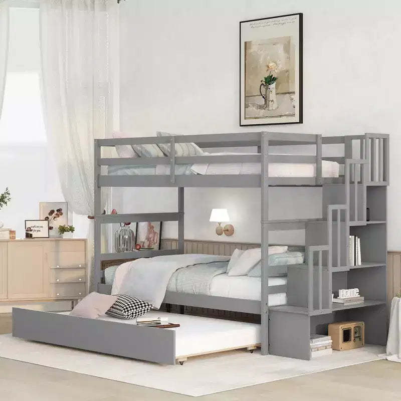 Whisen Twin over Twin Bunk Beds With Twin Trundle and Stairway Storage Function