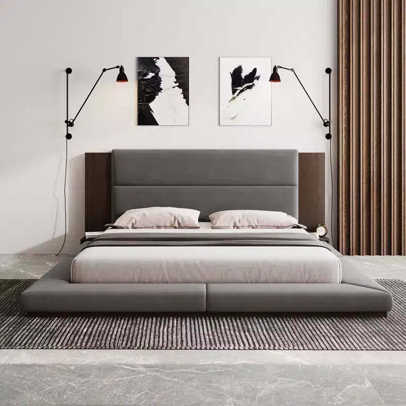 Queen/King Size Floor Upholstered Platform Bed Frame with Upholstered Headboard and Bedside Table, No Box Spring Needed, Grey-ModernLuxe