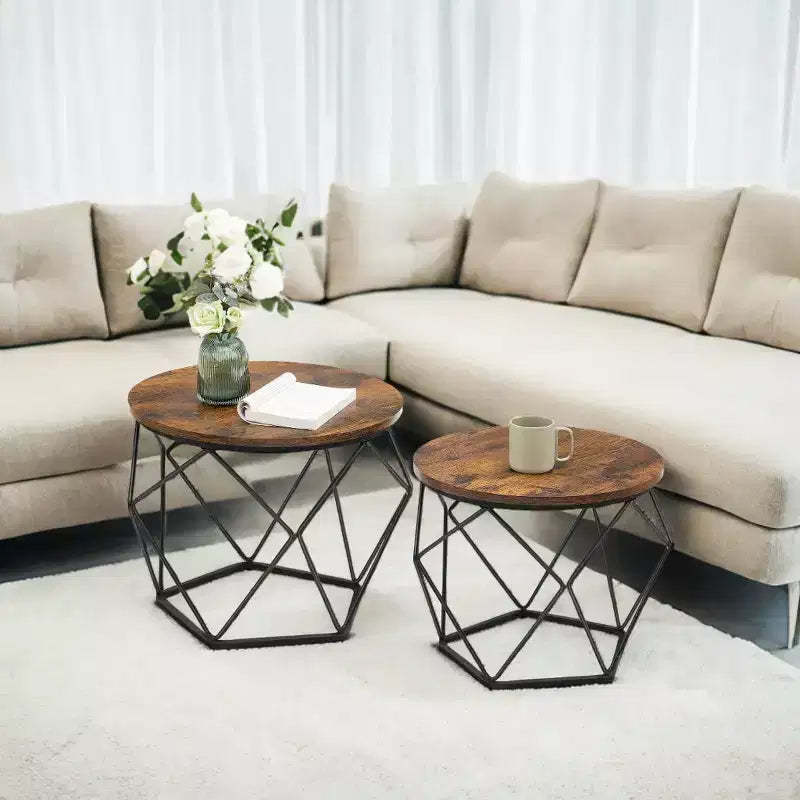 Set of 2 Small Round Coffee Tables with Steel Frame, Side End Tables for Living Room, Bedroom, Office Rustic Brown and Ink Black